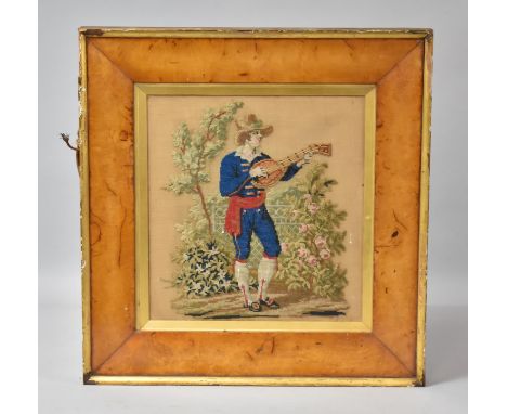 A Maple Framed 19th Century Tapestry Depicting Musician with Mandelin, 46.55x48cm 