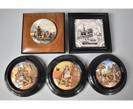 A Collection of Four Prattware Pot Lids, The Wolf and the Lamb, The Times, Village Wedding and Fishing in Rock Pool, Together