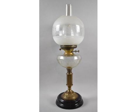 A Late Victorian Brass and Glass Oil Lamp with Etched Shade and Plain Chimney, Reeded Support, 65cm High Overall 
