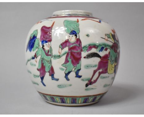 A Chinese Ginger Jar Decorated with Polychrome Enamel depicting Warrior Scene, Red Four Character Mark to Base with Teal Glaz