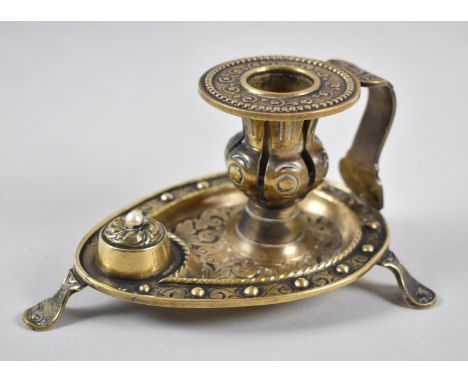 A Late 19th Century Brass Bedchamber Stick of Ovoid Form on Three Scrolled Feet, Pearl Mount, 14cm Long 