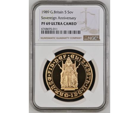 UNITED KINGDOM. Elizabeth II, 1952-2022. Gold 5 pounds (5 sovereigns), 1989. Royal Mint. Proof. Commemorating the 500 years a