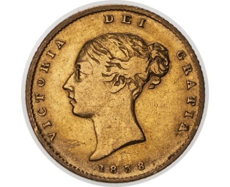 UNITED KINGDOM. Victoria, 1837-1901. Gold half-sovereign, 1838. London. First small young head of Victoria facing left, hair 