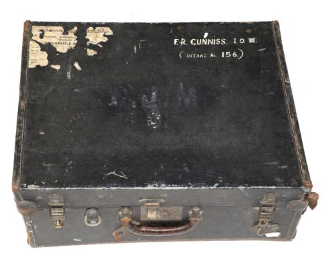 A 1920/30s Black Leather Car Luggage Case, with hinged lid, canvas interior, the base a wooden frame, the top painted with F 