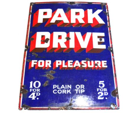 A Vintage Blue Enamel Single-Side Advertising Sign: Park Drive For Pleasure, with assorted metal drill holes and corrosion, 7