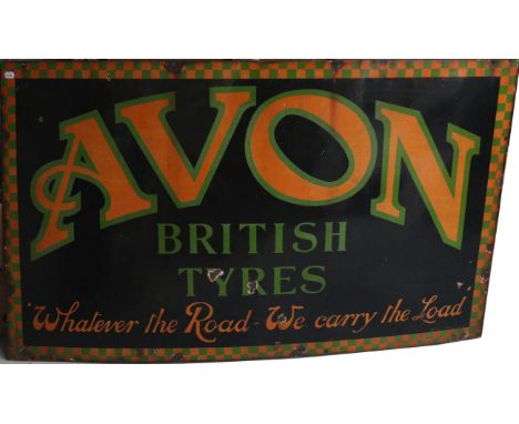 A 1930s Avon Single-Sided Enamel Advertising Sign: British Tyres Whatever the Road - We Carry the Load, with various metal dr