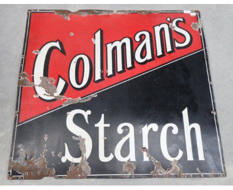 A Black and Red Single-Sided Enamel Advertising Sign: Colman's Starch, with assorted drill holes and some corrosion, 91cm by 