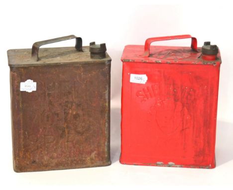 A Red Enamel Two Gallon Petrol Can, with riveted handle and original brass screw top stamped BP, the body impressed SHELL-MEX