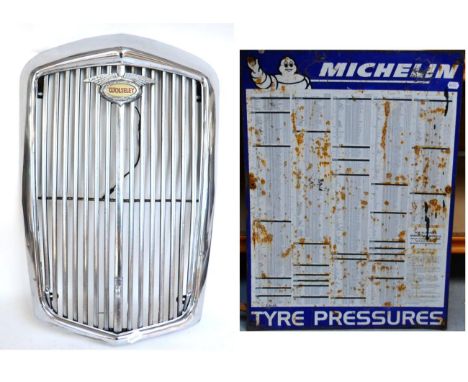 A Michelin Blue Enamel Single-Side Tyre Pressure Sign, 87cm by 62cm; a Michelin Enamel Single-Sided Map of the United Kingdon