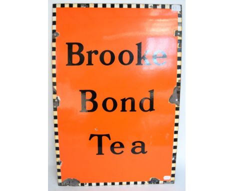 An Orange Enamel Single-Sided Advertising Sign: Brooke Bond Tea, with black and white chequered border, assorted drill holes,