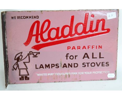 A Pink Enamel Double-Sided Advertising Sign: We Recommend Aladdin Paraffin for all Lamps and Stoves, White May Coloured Pink 