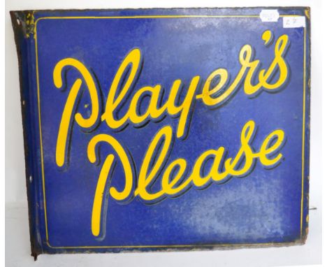 A Double-Sided Enamel Advertising Sign, with blue ground with yellow letters PLAYERS PLEASE, with mounting flange, 40cm by 46