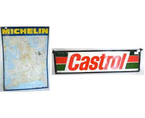 A Castrol Enamel Double-Sided Hanging Sign, 20cm by 77cm; and a Michelin single-sided enamel map of Great Britain, 86cm by 63