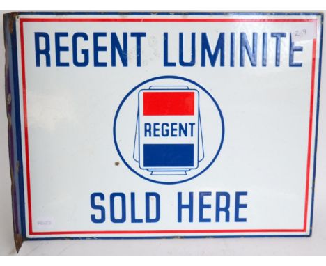 An Enamel Double-Side Advertising Sign: Regent Illuminite Sold Here, with mounting flange, 35cm by 46cm  Buyer's premium of 2