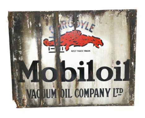 A Vintage Mobil Oil Double-Sided Enamel Advertising Sign, gargoyle registered trademark, Vacuum Oil Company Ltd, drill holes 