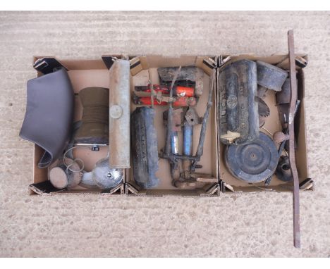 An autojumbler's lot in three boxes of various mechanical parts etc. to include suspension parts, possibly for a Jenson CV8, 