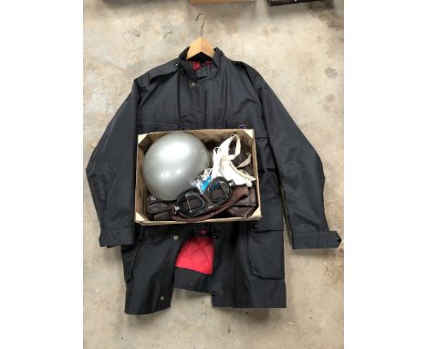 A motorcycling coat plus helmet and two pairs of gauntlets.