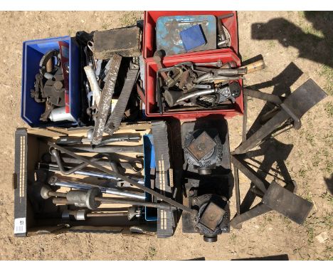 A collecion of assorted workshop tools to include two tank jacks, axle stands, hand tools etc. 