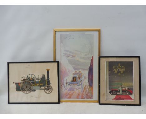A framed and glazed advertisement for the Morris Big 6, a Montaut motor car print and a  print depicting an early steam engin