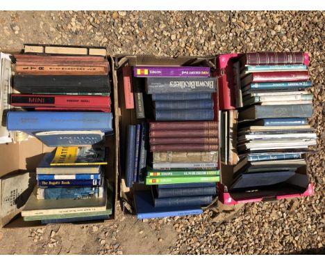 Three boxes of motoring volumes, reference books, a catalogue etc. to include Jaguar E-type operational manual, Bugatti books