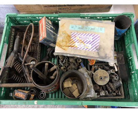 A box of assorted items including angled speedo drives, a honing tool and an Ariel motorcycle gasket set to suit NH models.