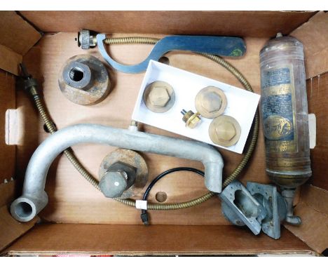 A box of assorted parts to include a pair of hub extractors, possibly for Bentley, a C-type spanner, newly made, three drain 