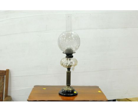 Victorian oil lamp with glass reservoir, shade , chimney and duplex burner   