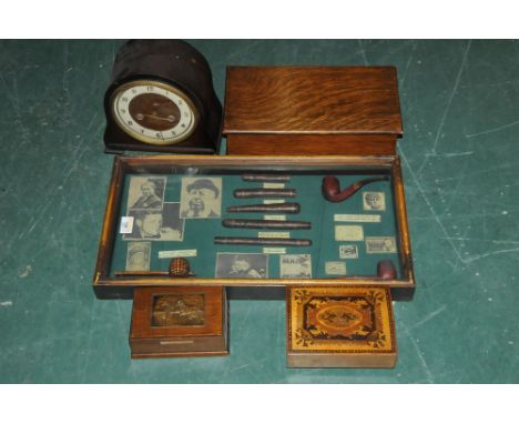 Three wooden boxes, vintage mantle clock and a framed diorama of cigars