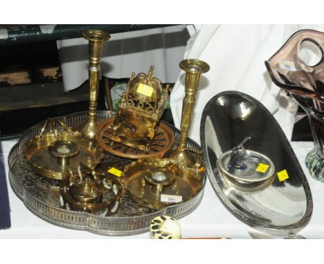 Silver plated galleried tray, brass candlesticks, carriage clock, Borrowdale dish etc 