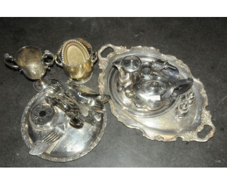 Two trays of plated ware, trophy, teapot, cutlery, servers etc 