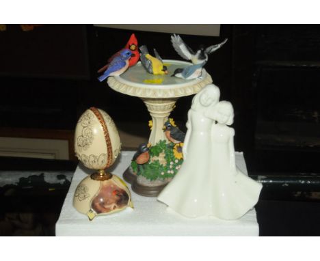 Ornamental egg, bird bath ornament and Royal Worcester figurine Moments 