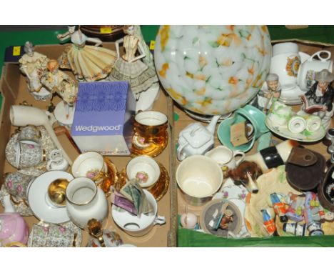 Two boxes of ornaments, figurines, part tea set, glass lamp shade etc 