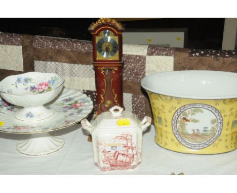 Clock in the form of a miniature longcase clock, Crown Staffordshire bowl and cake stand, Masons lidded pot and an oriental p