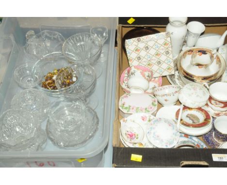 Two boxes of glassware, trinket boxes, decorative cups and saucers etc 