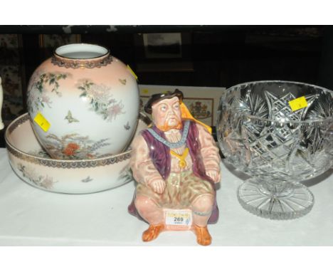 Decorative jug and bowl, cut glass bowl and a Melba ware Henry VIII jug  