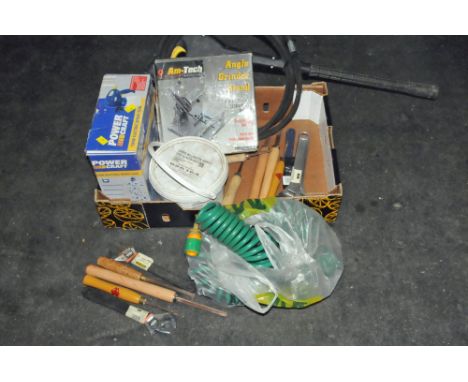 Box of hand tools, angle grinder, stand and electric spray gun etc