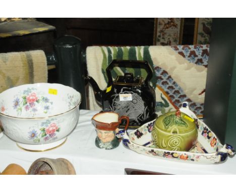 Iron Staffordshire bowl, Dalton toby jug, oriental style teapot, sylvac onion jar and a Masons triangular dish 