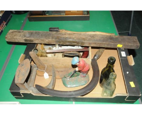 Spirit level and box of hand tools, lasts, door stop etc 