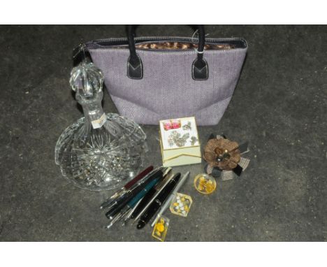Ships decanter, handbag containing pens etc