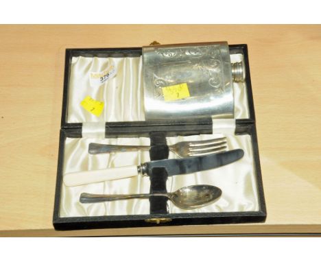 Hip flask and a boxed knife, fork and spoon