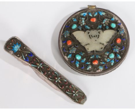 the back of the mirror set with a jade butterfly and leaf enamel surround and turquoise pebbles, mounted on white metal, Hand