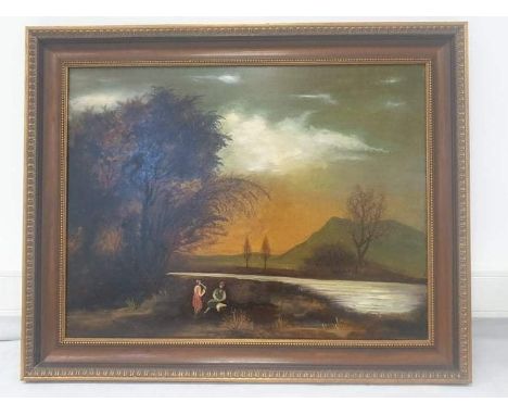Oil on panel, 19th Century. Landscape in Hungary with 2 figures, one sat one smoking a pipe near a river in traditional ungar