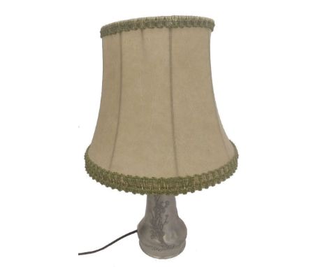Modern pewter base lamp with flora & fauna on the base, leather shade. 60w single bulb socket.Height:55cm