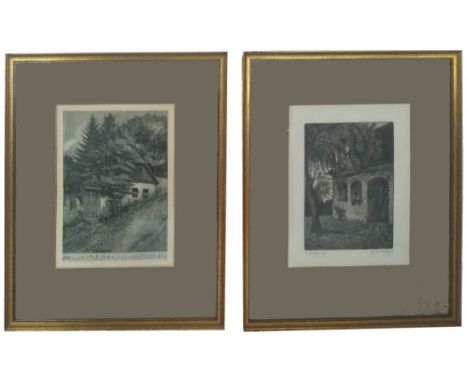 Lot of 2 etchings.Music from the Blue Danube Waltz (Johann Strauss II) showing a house nr.12 Illegable signature. dated 1924.
