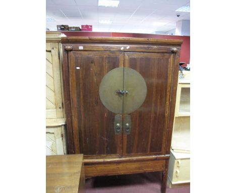 Chinese Painted Softwood Cabinet, with twin drawers over shelf, brass bar to circular lock plate, on block legs, 109cm wide.