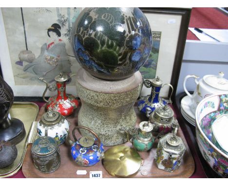 A Crich Pottery (Diana Worthy) Globe, with associated stand, Chinese enamelled and metal tea pots, compact:- One Tray