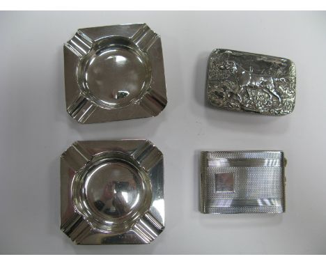 A Pair of Hallmarked Silver Ashtrays, 7cm diameter; together with a hallmarked silver match book cover, allover engine turned