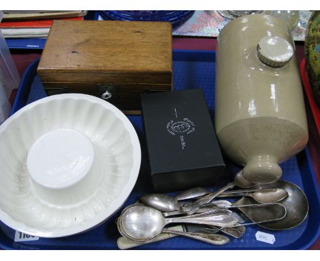An Oak Caddy Box, with plated mounts, jelly mould, foot warmer, cutlery, bottle stopper. One Tray