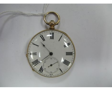 An Openface Pocketwatch, the white dial with black Roman numerals and seconds subsidiary dial, within engine turned case with