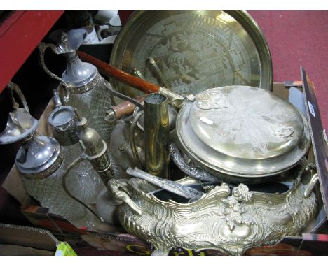 Brassware - warming pan, horse brasses, shell case, chargers, rococo scrolled planter, etc; ewers, jug, etc:- One Box